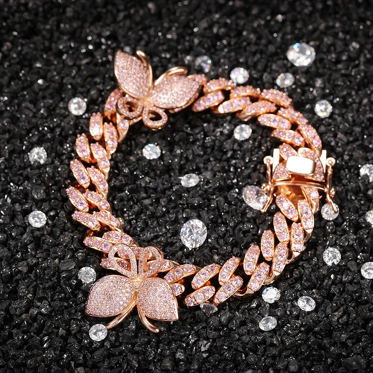 Iced Out Butterfly Bracelets 12MM Hip Hop Bling Bling Cuban Chains