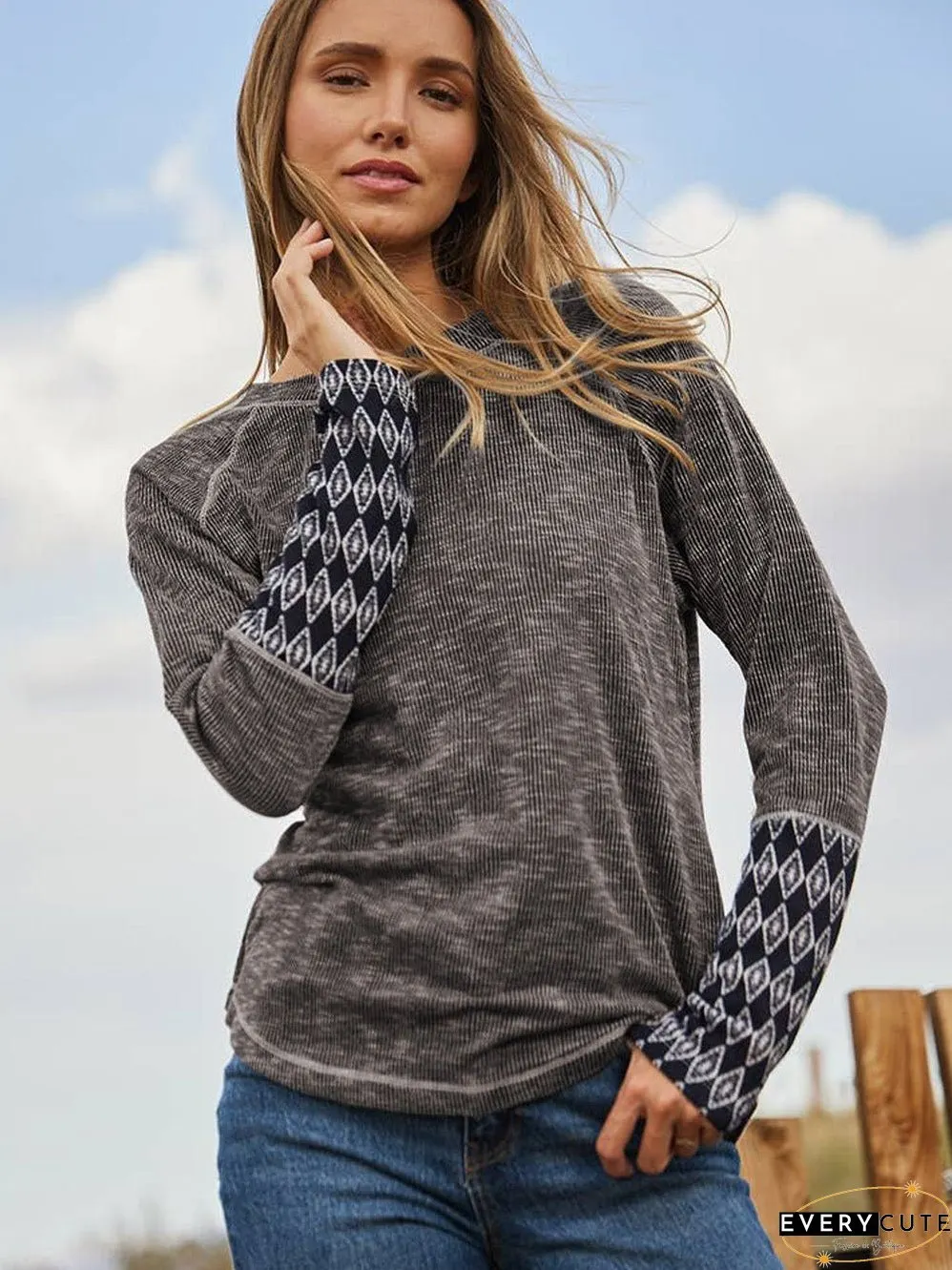 Cozy Gray Aztec Patterned Ribbed Top