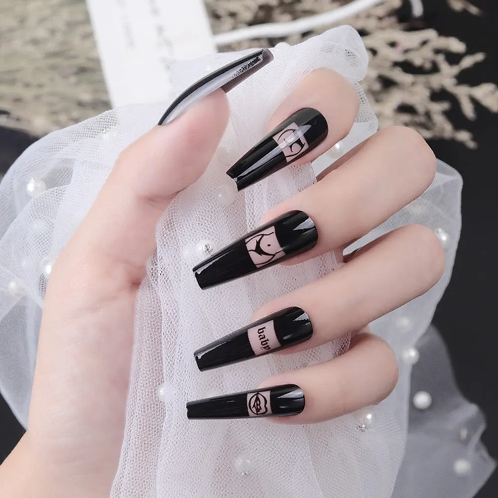 24Pcs Press On Nails Coffin False Nails Sexy Pattern Design Black Long French Ballet Fake Nails Tips for nails Nails Accessories-Nail Inspo