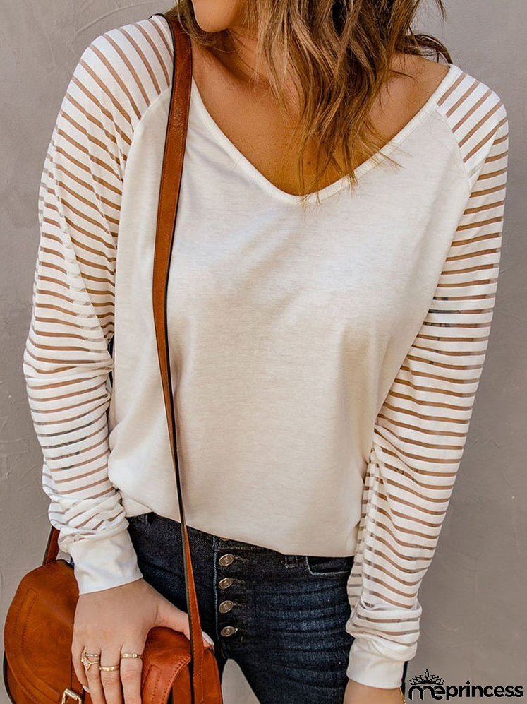 Stripe Long Sleeve Large Fashion Simple V-Neck T-Shirt