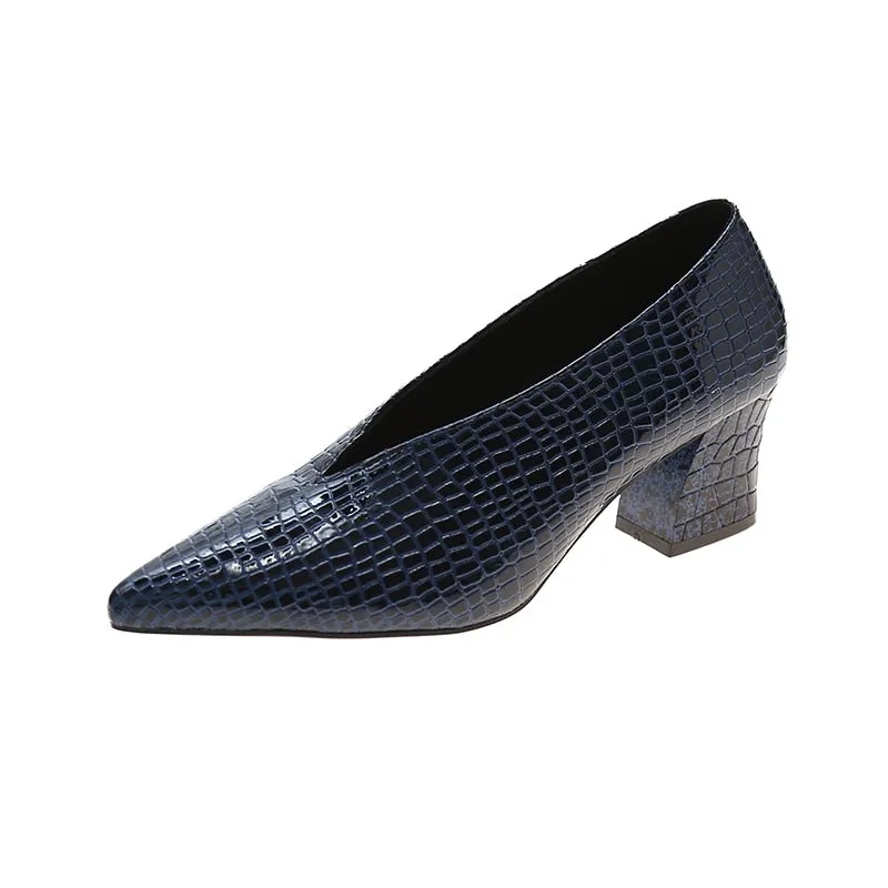 Pointy V-neck Patent-leather Single Women Shoes High Heels Spring Versatile Retro Chunky Single Shoes Zapatos De Mujer Black