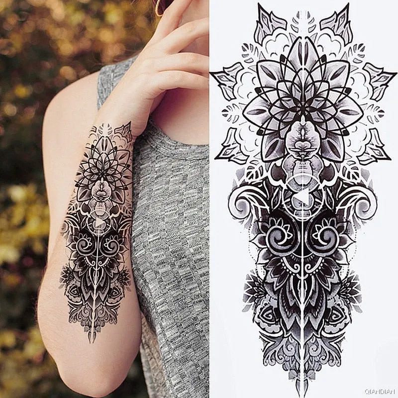 Black Sexy Flower Temporary Tattoos Sticker Arm Sleeve Rose Tree Skull Lion Bear Snake Henna Body Decorate Fake 3D Women Totem