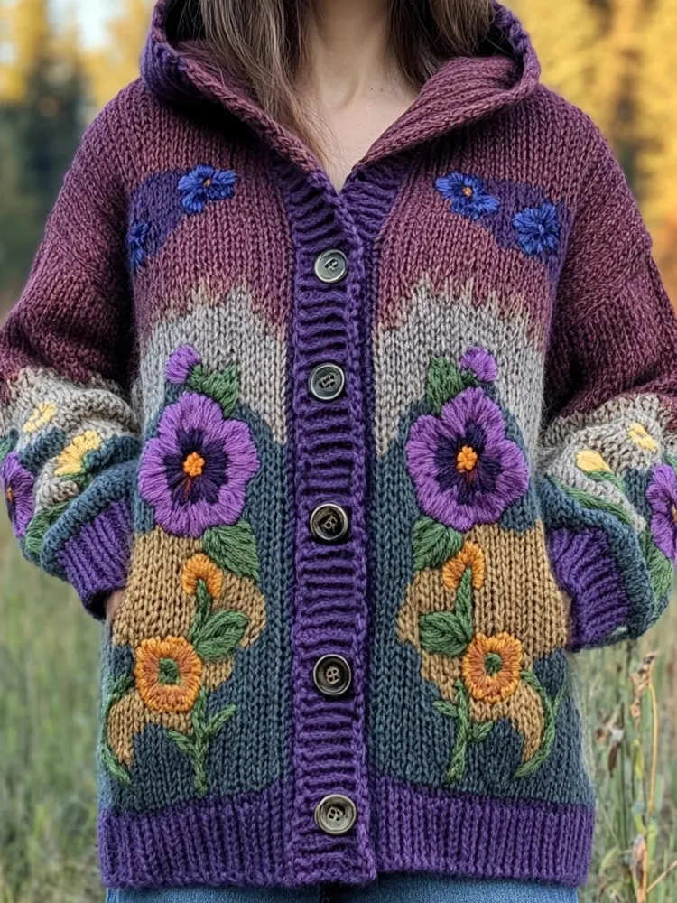 Vintage Flower Embroidered Cozy Chunky Hooded Cardigan