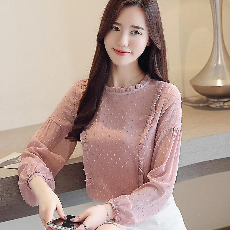 2021 Spring Autumn Fashion Long Sleeve Women Blouses Chiffon Women Shirts Pink Bottom Female Women Tops Feminine Blusas 1699 50