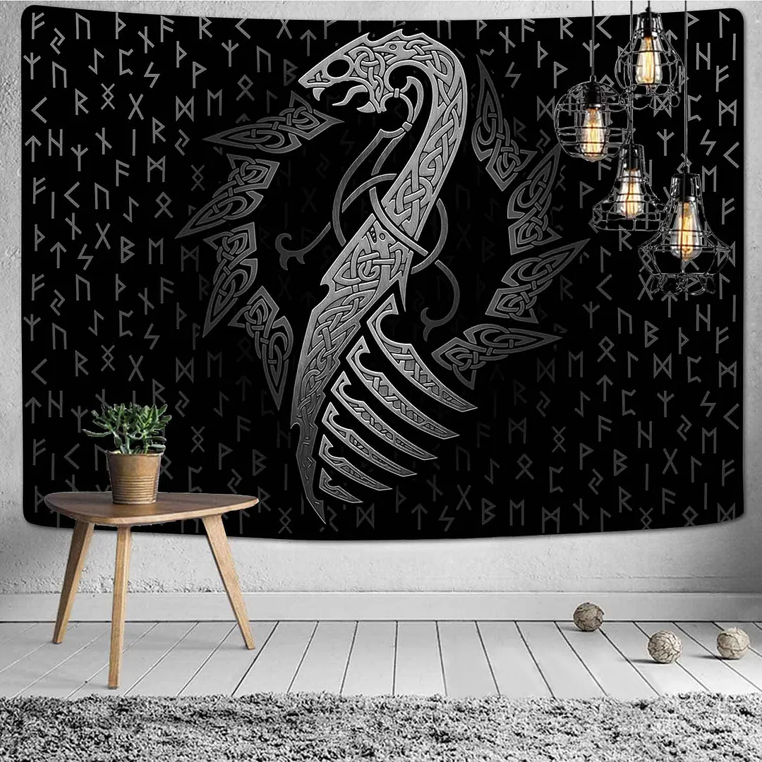 Viking Raven Tapestry Mysterious Viking Meditation Psychedelic Runes Art Wall Hanging Tapestries for Living Room Decor Yoga Mat