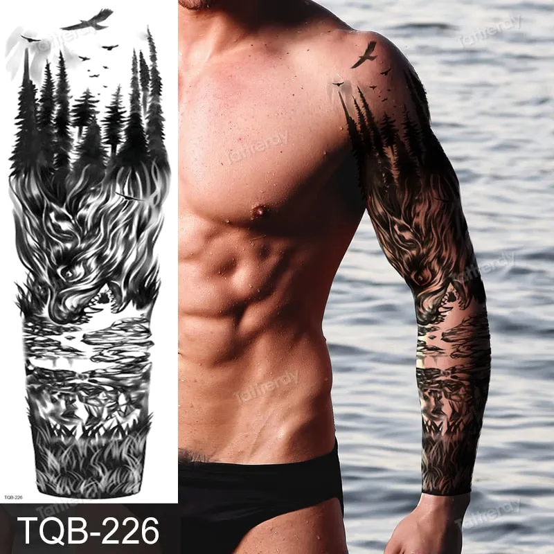 skull sleeve tattoo designs large full arm temporary tattoos for men boy tatoo fake waterproof tiger totem lion dragon pattern