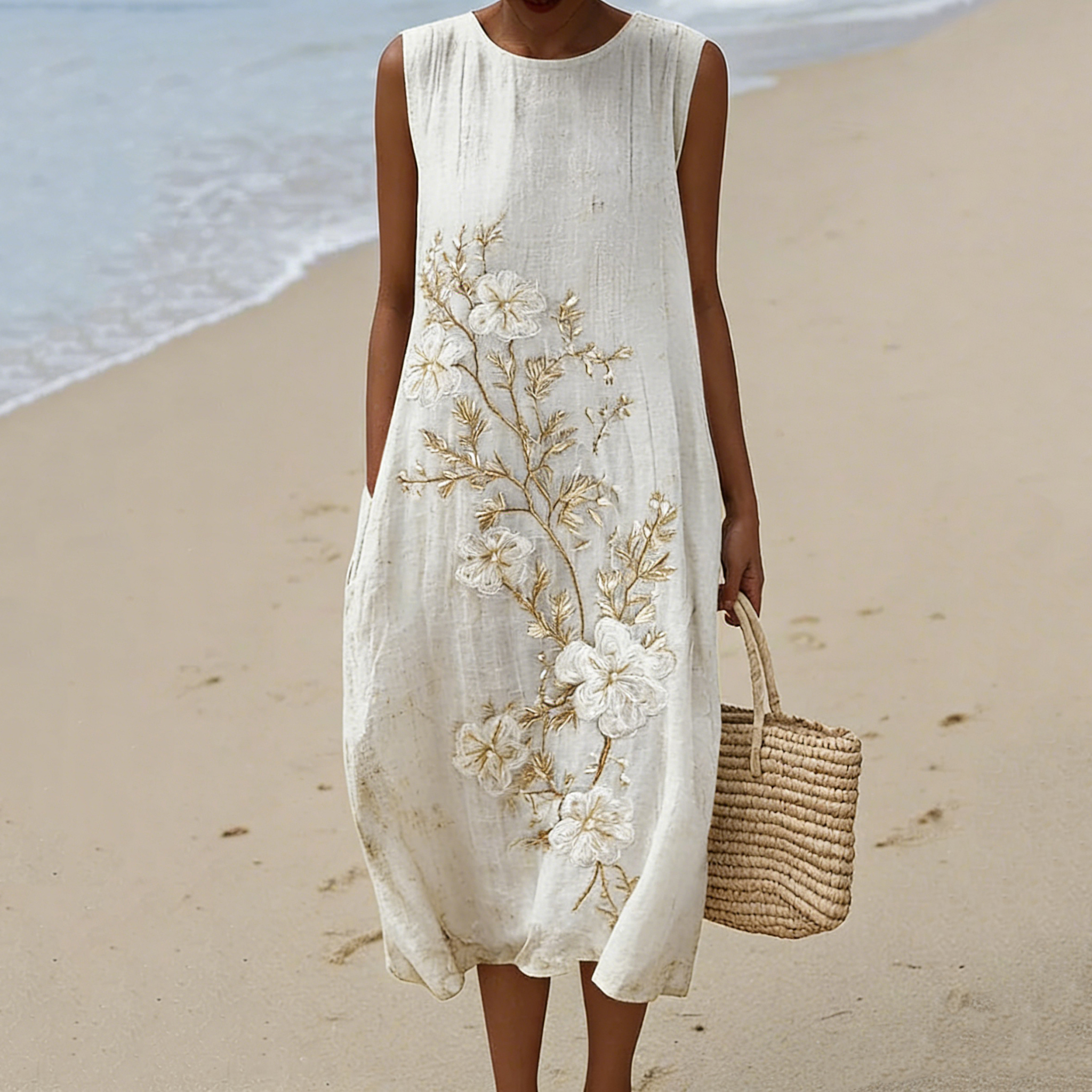 Women's Vintage White Floral Linen-blend Dress elevenforest