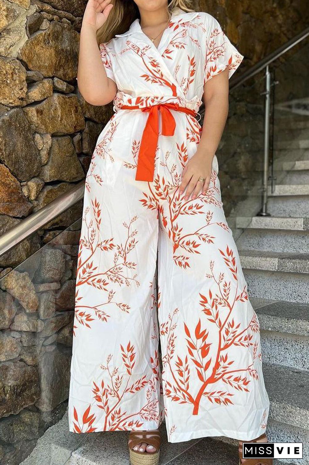 Casual Floral Frenulum Turndown Collar Short Sleeve Two Pieces