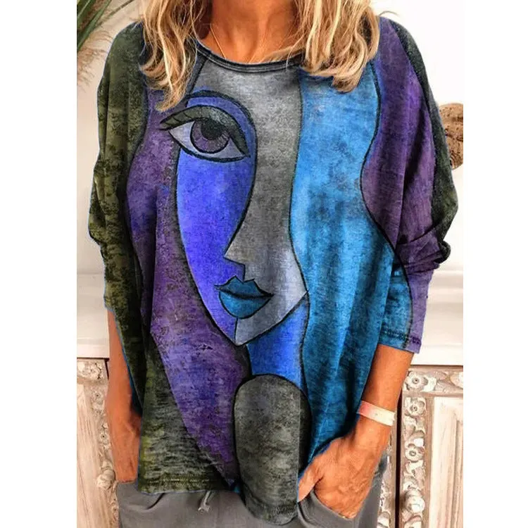 Brownm Size Women's Printing Print Long Sleeve Loose T-shirt
