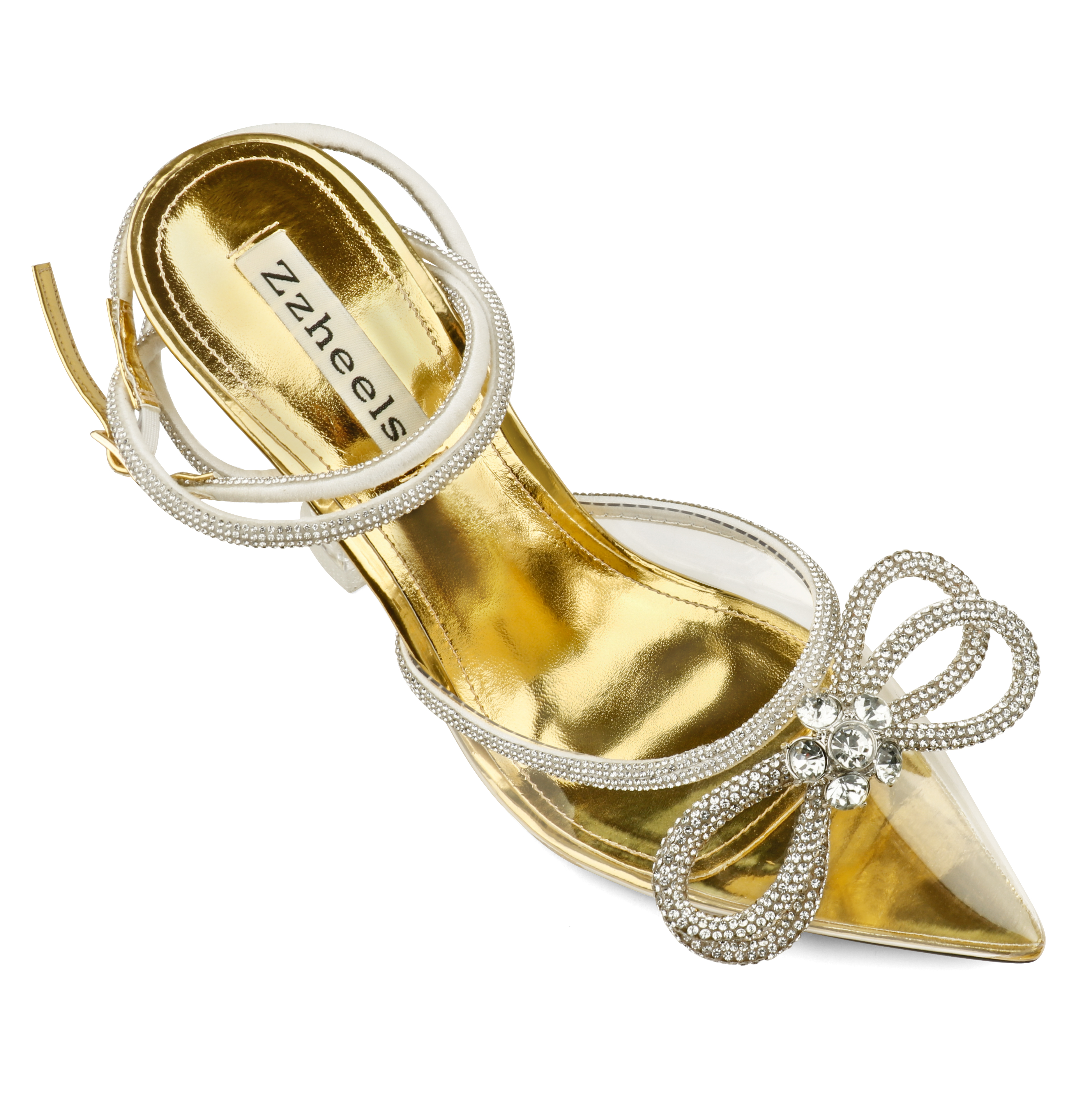 9.5cm/3.74 Double Bow Crystallized High Pums Pointed Toe Strappy Transparent Sandals Wedding Shoes