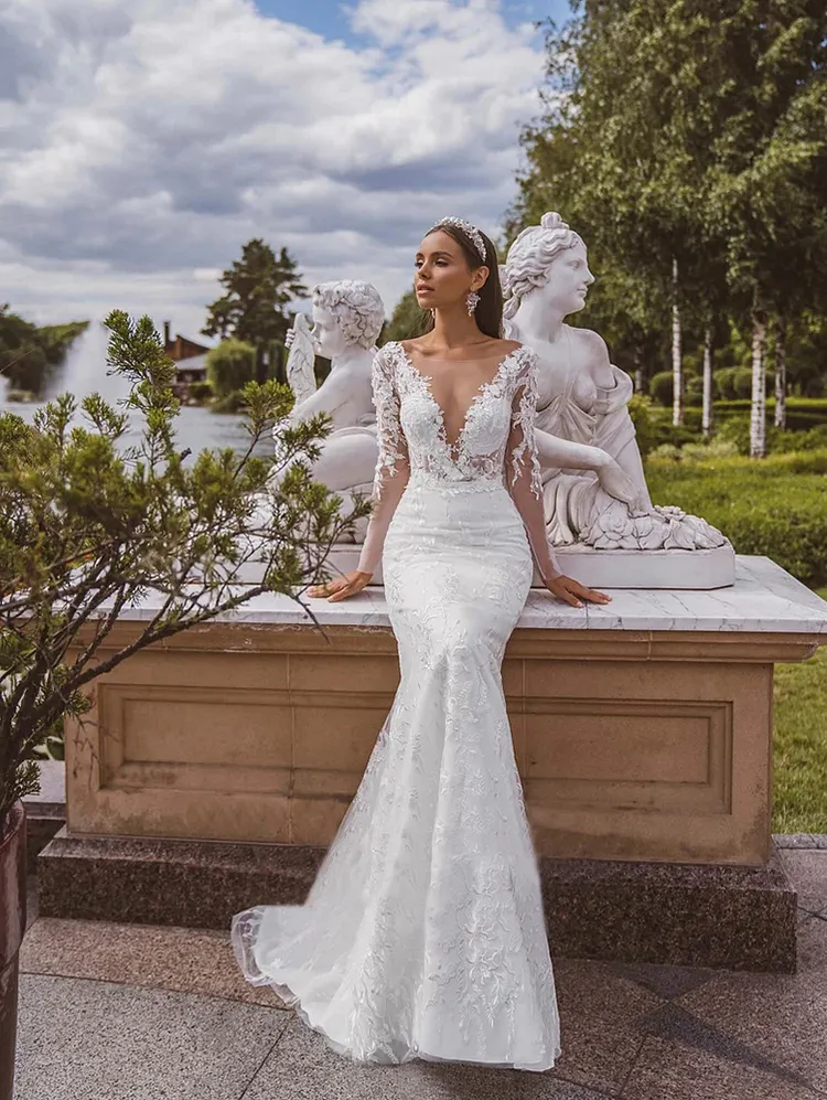 Mermaid Tulle Long Sleeve Wedding Dress Lace Appliques Bridal Gowns