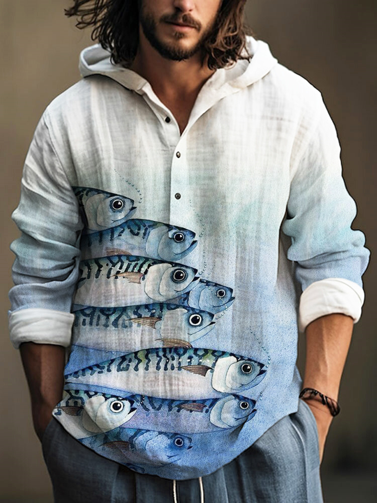 Vintage Japanese Fish Pattern Linen Hooded Long Sleeve Shirt  artssus