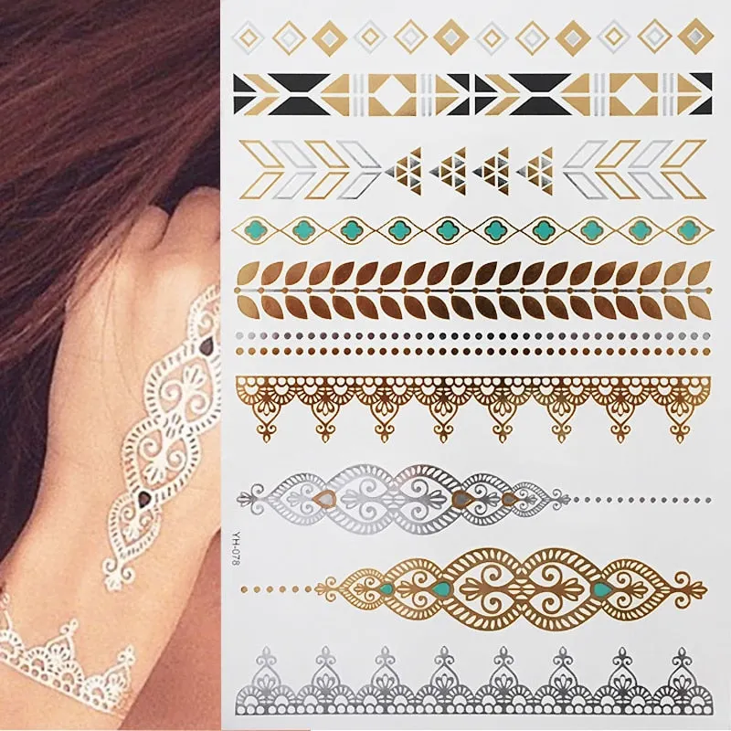 Temporary Tattoos Gold Silver Metallic Tattoo Arm Body Tattoo Cool Bracelet Style Girl DIY Golden Flash Tattoos