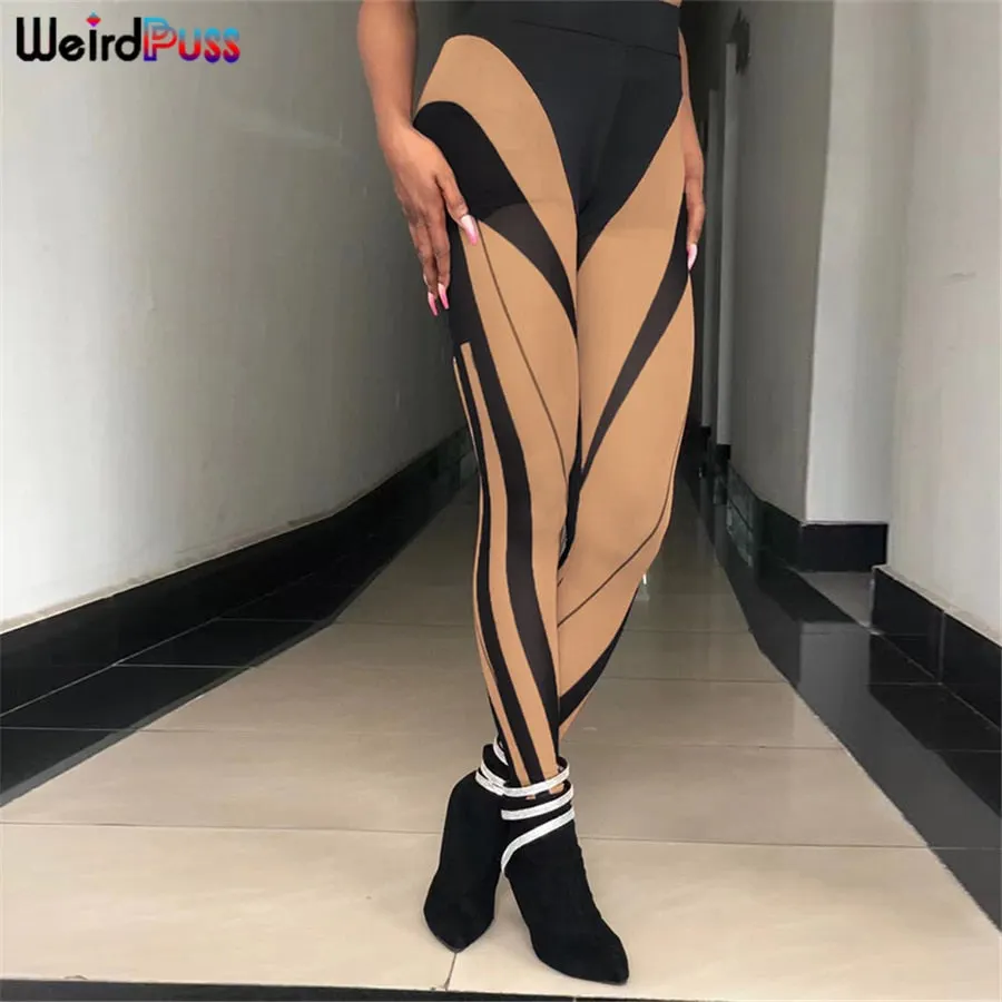 Weird Puss Patchwork Mesh Pants Women Sexy 2021 Summer Striped Irregular Skinny Stretchy Body-Shaping Fitness Leggings Trousers
