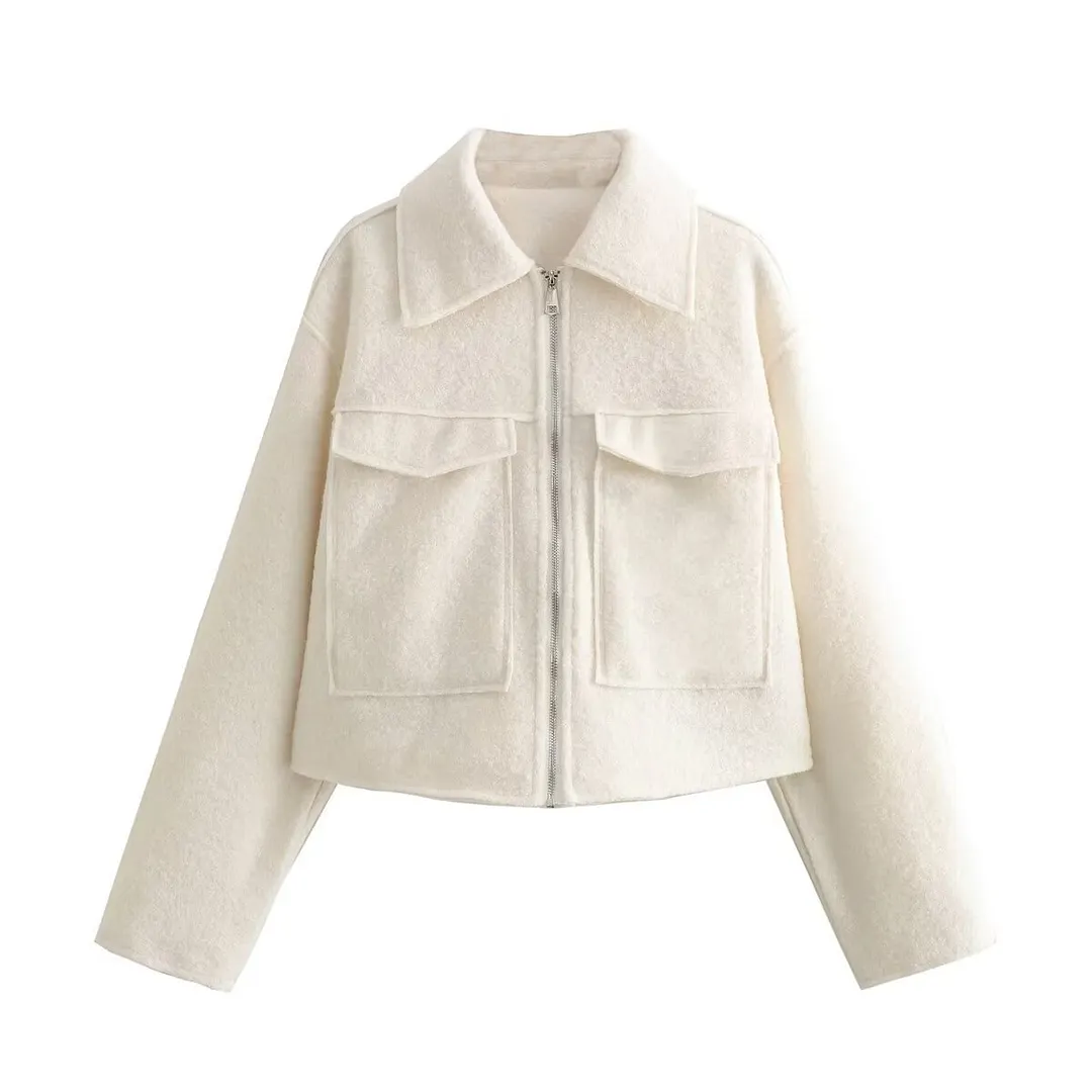 Nigikala Nigikala Spring/Autumn Festival New Women's Collar Large Pocket Zipper Short Long-Sleeved Jacket B88684