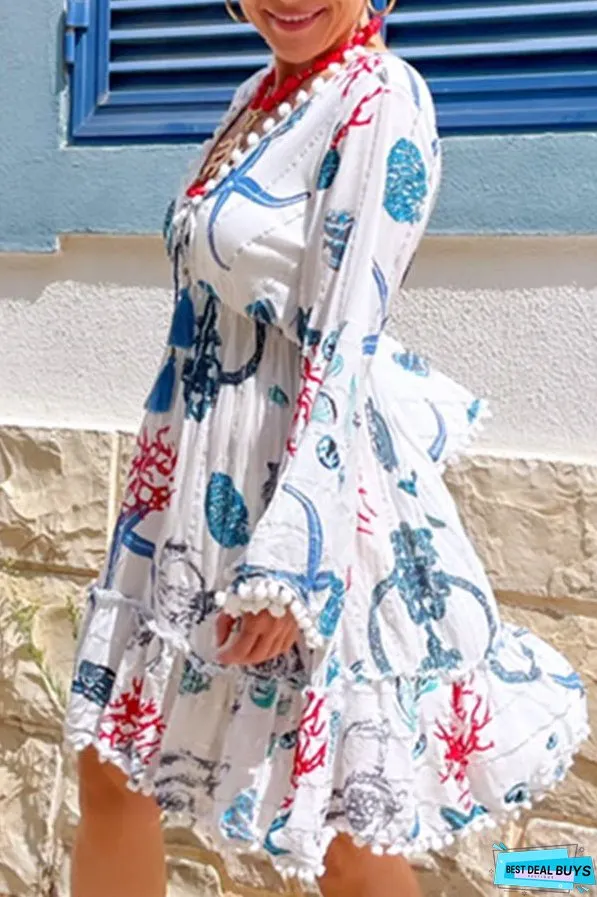 Bell Sleeve V Neck Coral Starfish Short Dress