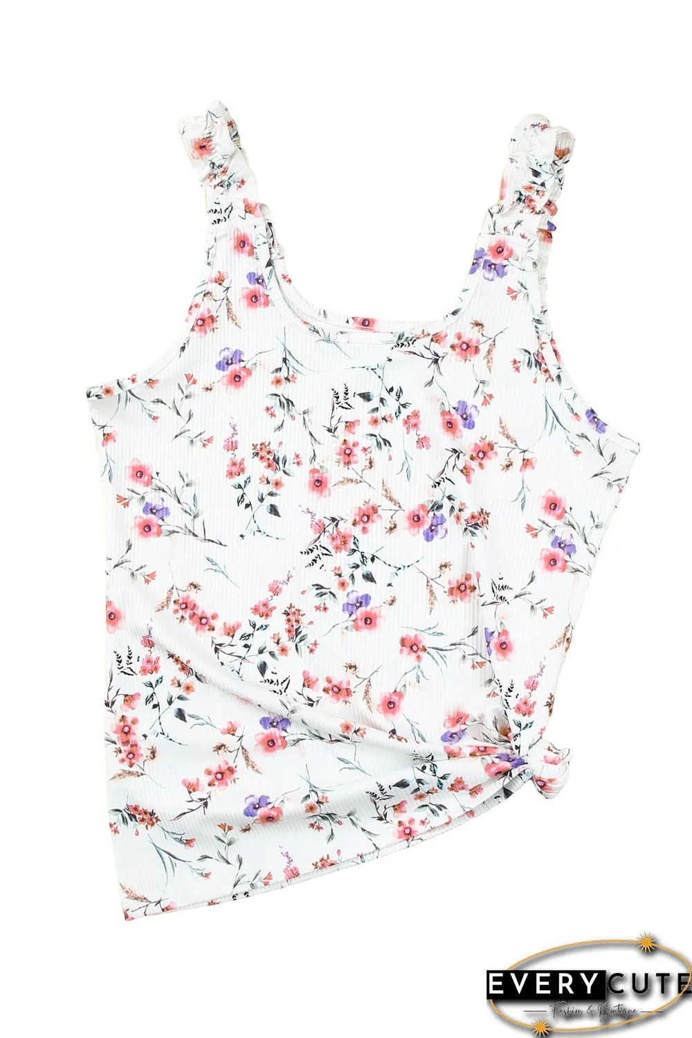 White Ruffle Straps Floral Rib Knit Tank Top