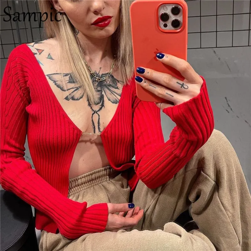 Sampic Casual Skinny Winter Long Sleeve Cropped Knitwear Fashion Basic Tops Women 2021 Knitted Green Sexy Y2K Cardigans Sweater