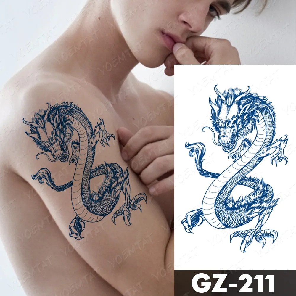 Sdrawing Lasting Ink Tattoos Body Art Waterproof Temporary Tattoo Sticker Line Dragon Tiger Totem Tatoo Arm Fake Fox Whale Tatto