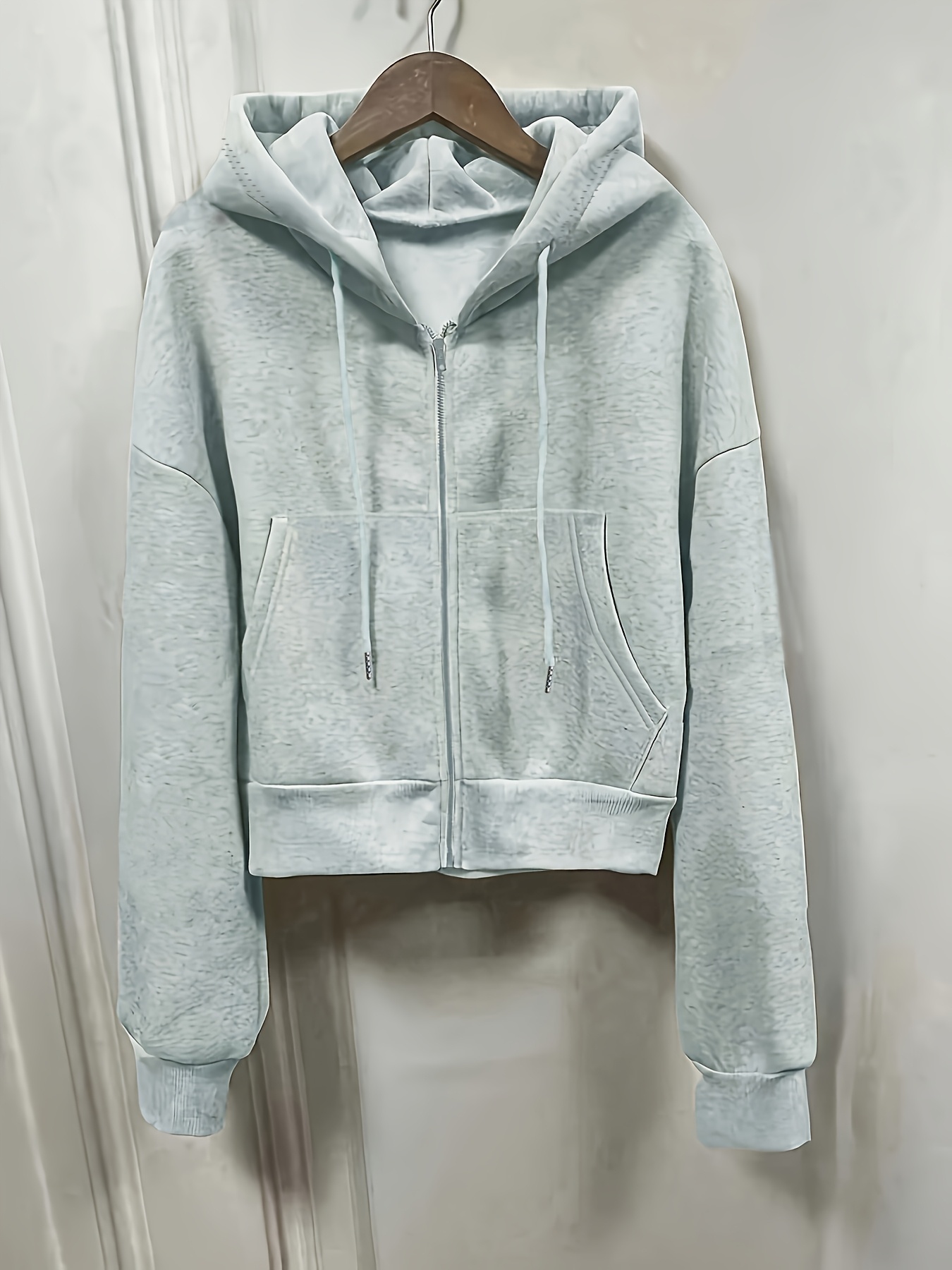 Women's Casual Y Zip-Up Hoodie - Loose Fit Light Blue Sweatshirt With Front Pockets, Machine Washable For Spring Summer Fall, Sweater Hoodie, Seasonal Casualwear, Cozy Fashion, Durable Fabric, Everyday Outfit, Streetwear Style, Easy Care, Versatile Top | IFYHOME