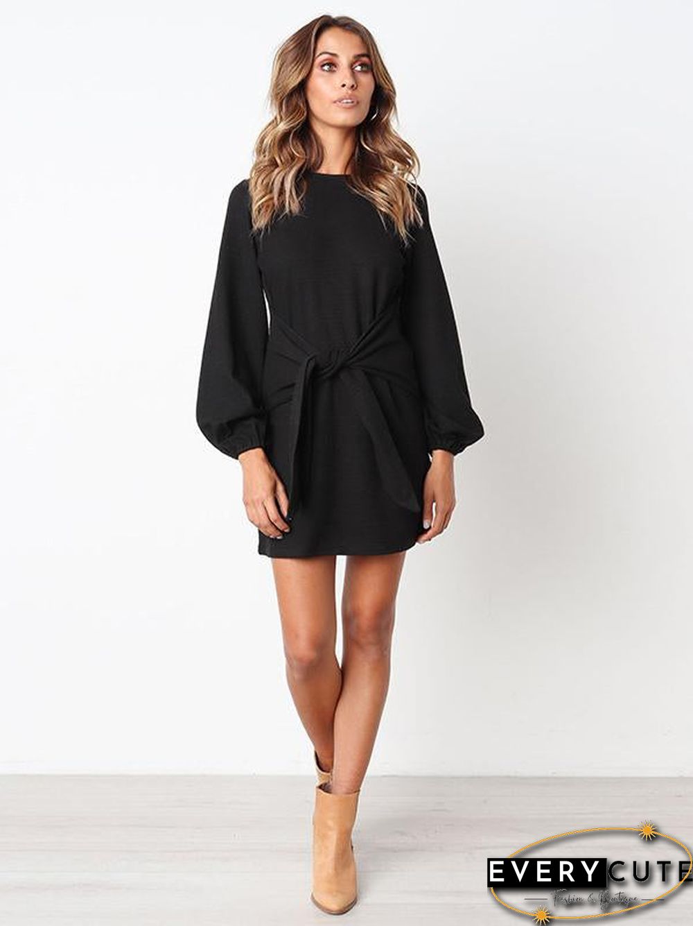 Long Sleeves Round Neck Waist Wrap Mini Dress