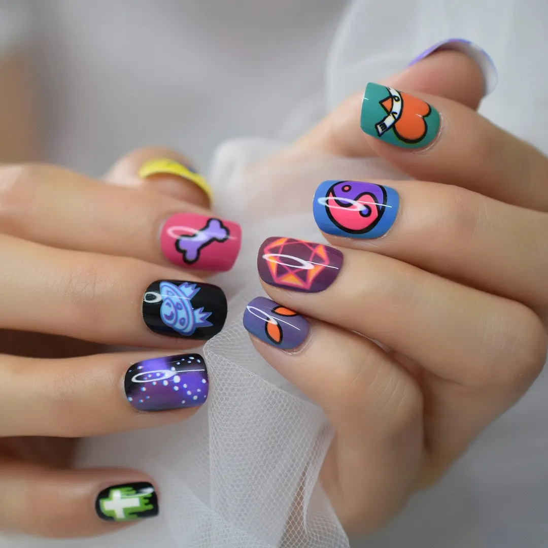 Colorful Anime Fingernails Press On Nails 2021 Magic Cartoon Pattern Square Short Full Cover Nails Gels/teens Nails Art Salely-Nail Inspo