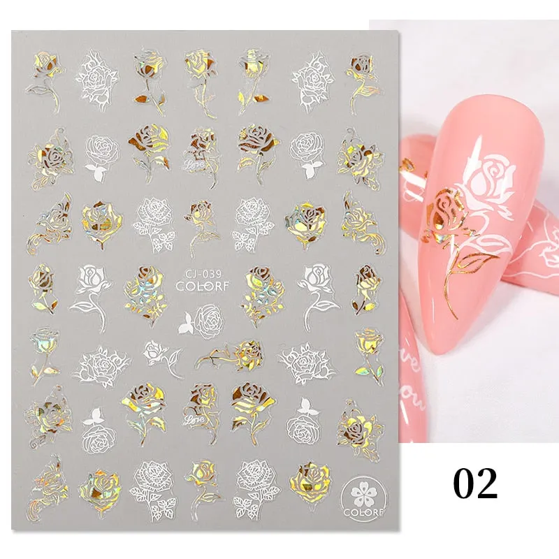 1 Pc 3D Nail Stickers Leaves Sliders for Nails Gold White Bronzing Flowers Gradient Adhesive Sticker Nail Design Art Decorations-Nail Inspo