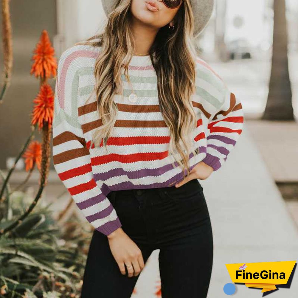 Blocked Colorful Stripes Cropped Turtleneck Sweater Long Sleeve