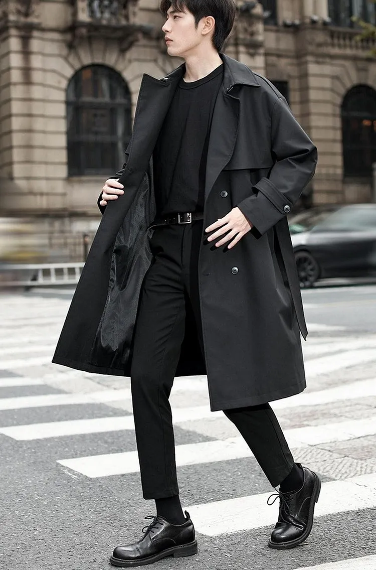 Classic Double Breasted Trench Coat for Men Knee Length