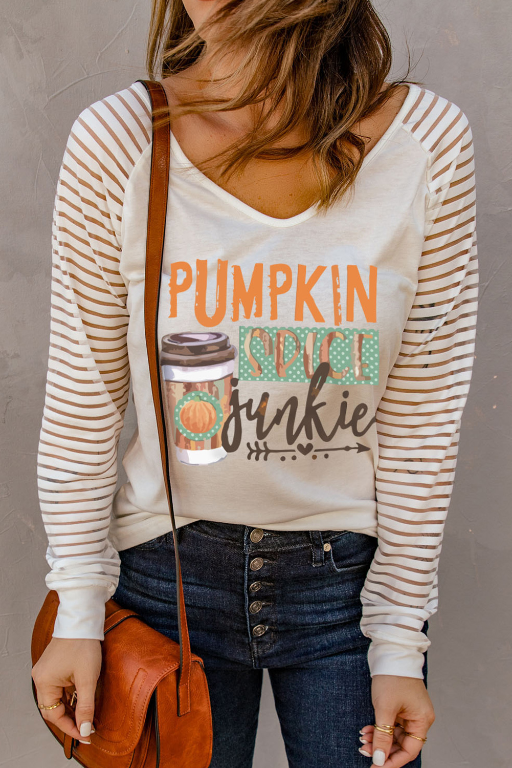 White Pumpkin Spice Junkie Graphic Print Sheer Stripe Long Sleeve Top