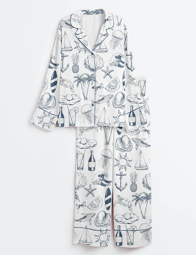 Women&rsquo;s Vintage Coastal Nautical Hand Drawn Sea Life Retro Summer Beach Print Long Sleeve Satin Pajama Set