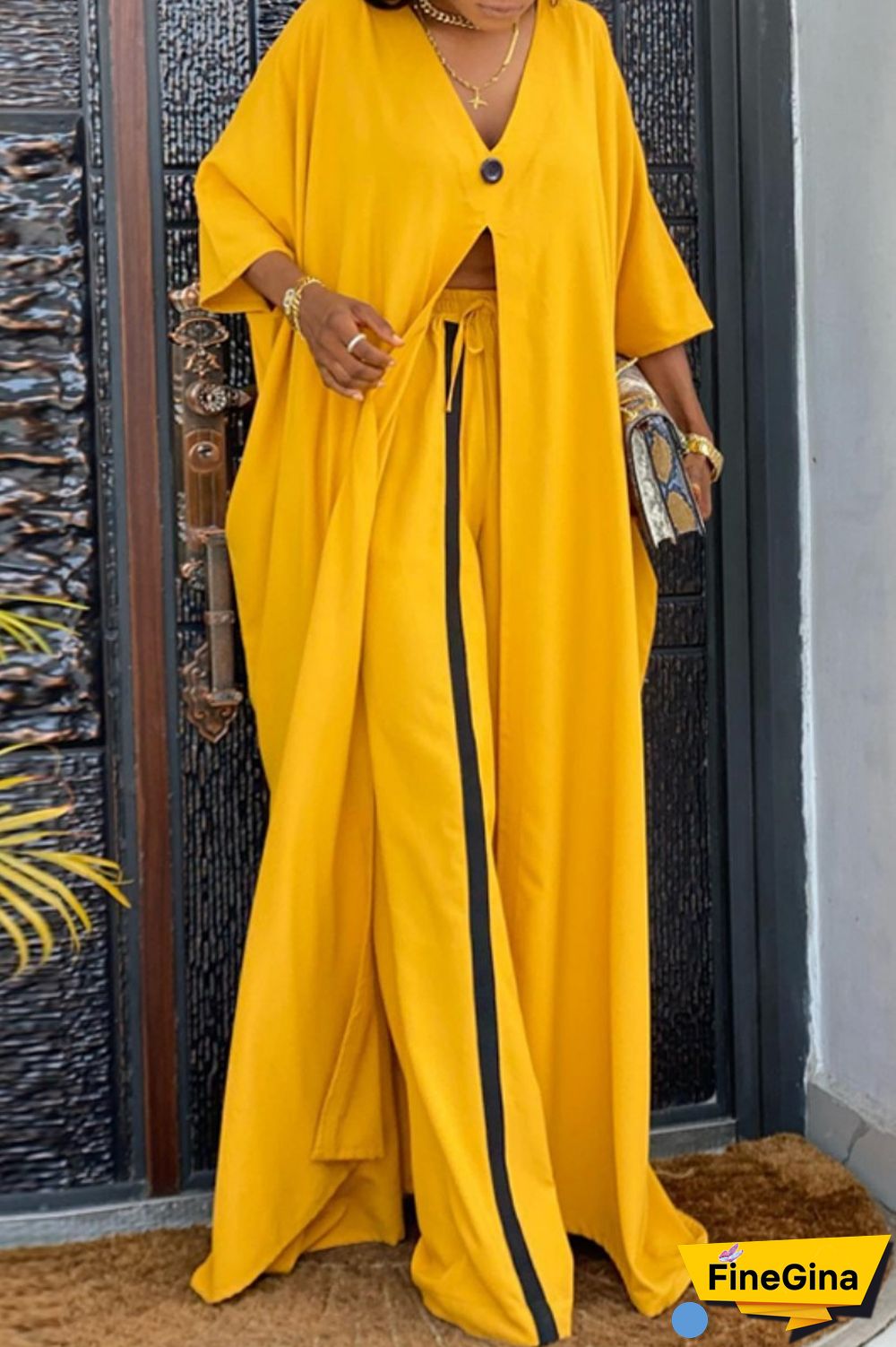 Yellow Casual Solid Patchwork V Neck Three Quarter Two Pieces