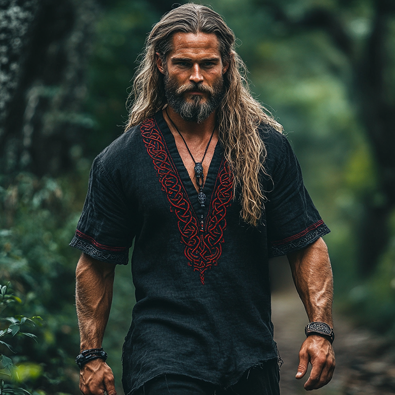 Men's Vintage Viking Celtic Knot Embroidered Linen T-shirt