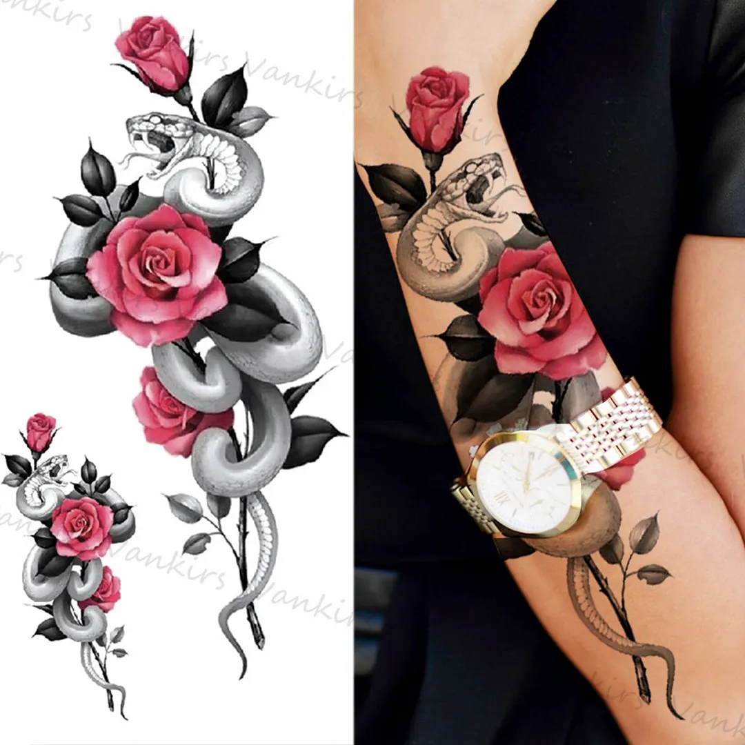 Sdrawing Skeleton Snake Flower Temporary Tattoos For Women Girls Realistic Snake Wolf Tribal Fake Tattoo Sticker Arm Waist Tatoo 3D