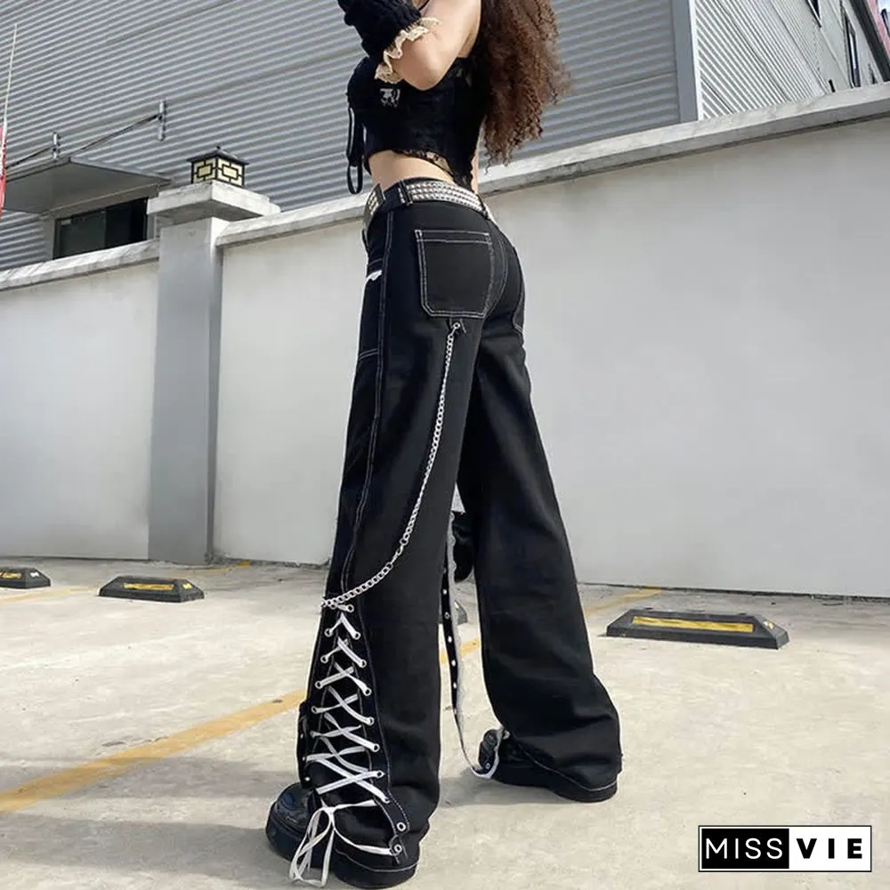Gothic Bandage Lace Up Straight Baggy Denim  Pants