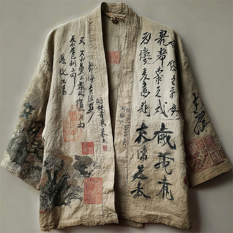 Japanese Pine Tress Calligraphy Art Embroidered Linen Kimono Cardigan