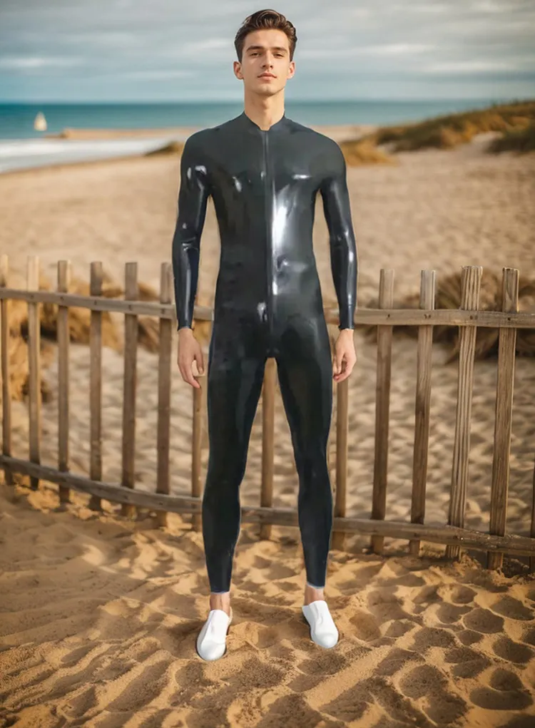 Men Latex Catsuits Men's Latex Catsuit with Pouch Front & 5-Runner Zip
