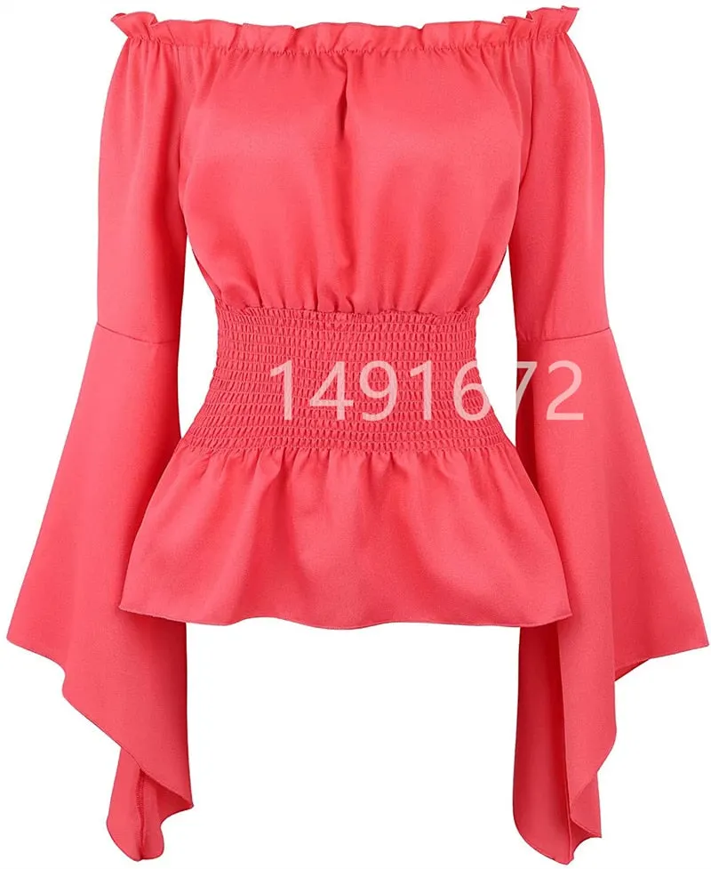 Blouse Women Long Sleeve Renaissance Medieval Chemise Victorian Pirate Gothic Retro Peasant Wench Off Shoulder Shirt Top Costume