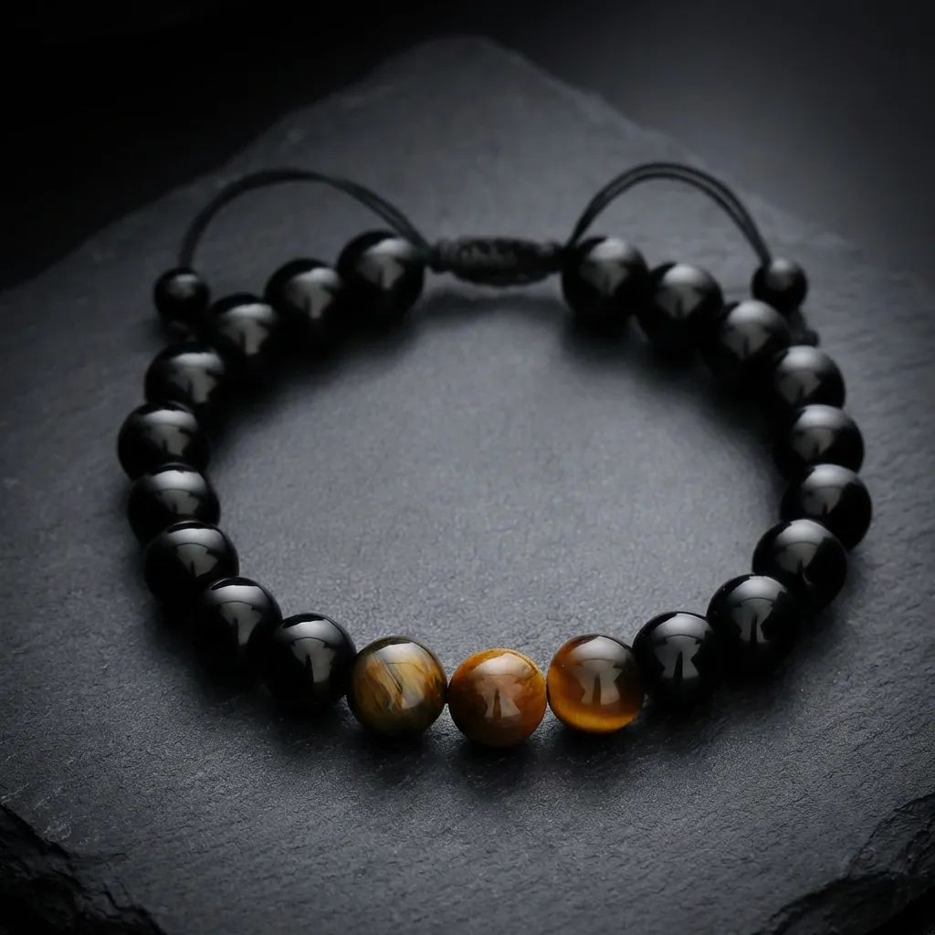 JiStones Artisan Natural Stone Adjustable Bracelet &ndash; The Essence of Modern Masculinity Golden Ember & Midnight Black