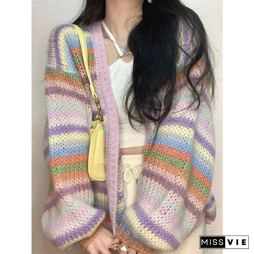 Colorblock Stripe Rainbow Knit Cardigan Sweater