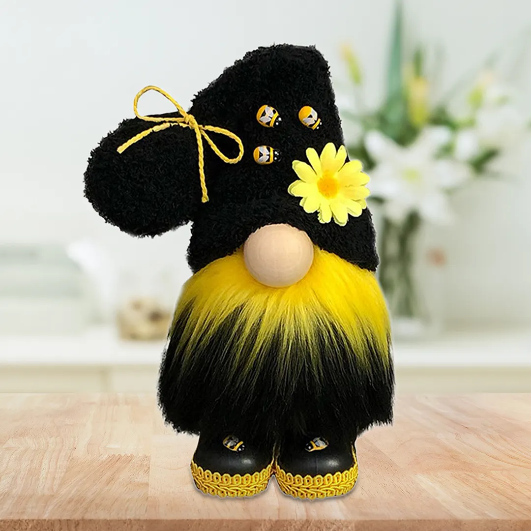 Sunflowers Gnome Bee Plush Doll, Faceless Nisse Elf Dwarf Tomte (Black)