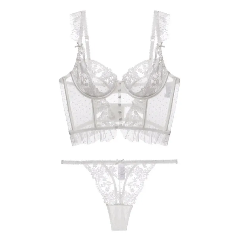 CINOON French Lingerie Sexy Women's Underwear Set Push Up Brassiere Lace Transparent Bra Panty Sets Wedding White Thin Underwear