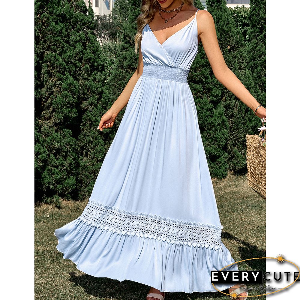Light Blue Maxi Dress Slim Fit V Neck Maxi Dress