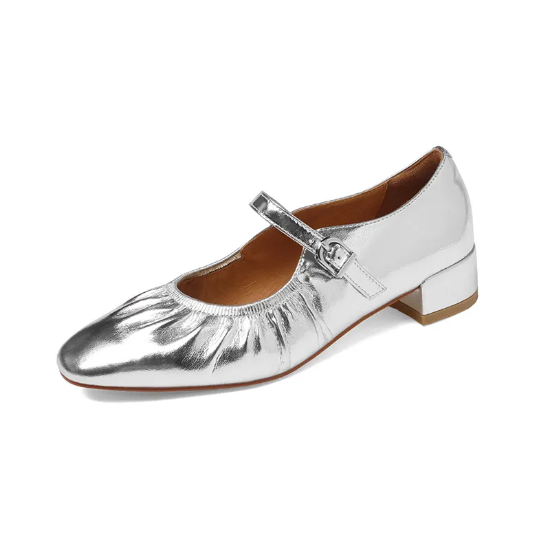 Churchf Churchf Crowd Design Gold Cowhide Strap With Lotus Leaf Mouth Flat Mary Jane Single Shoes Spring New French Leather Women's Shoes