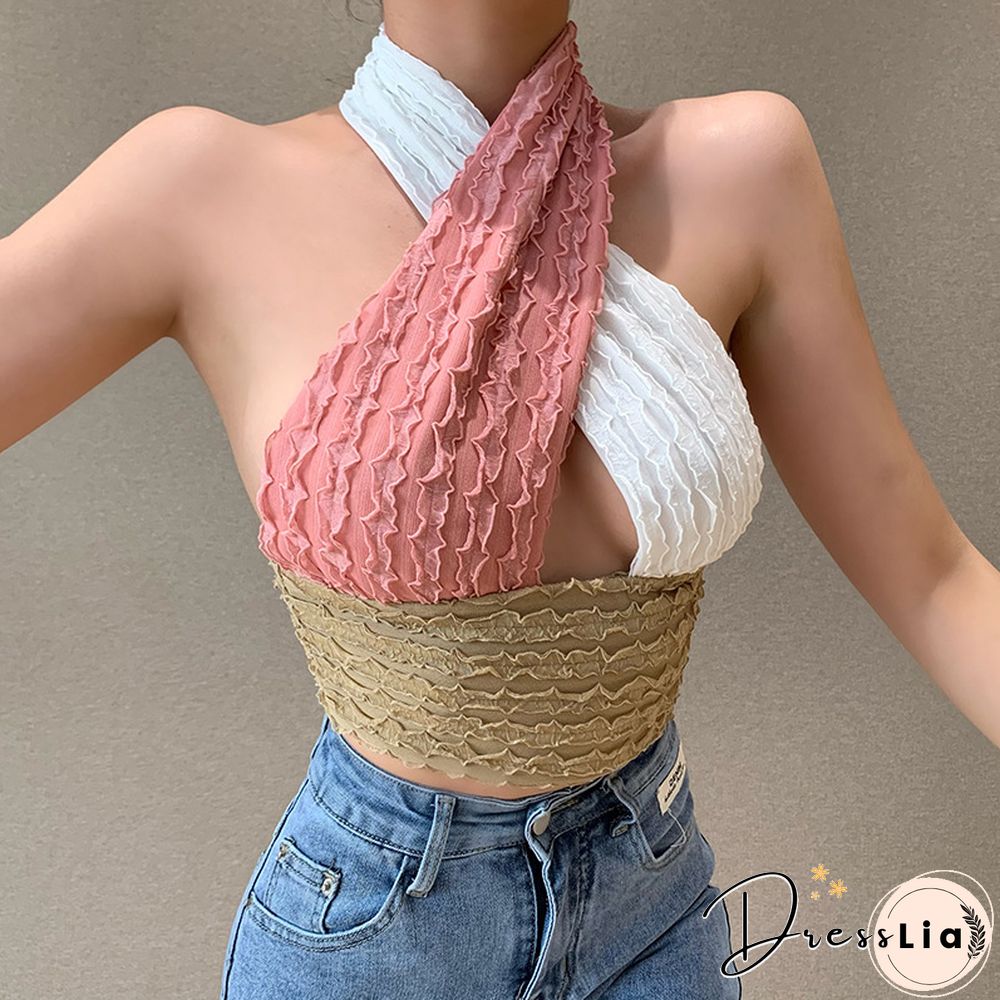 Patchwork Hollow Out Knit Crop Top Women Halter Neck Summer Sleeveless Backless Sexy Off Shoulder Party Tank Tops
