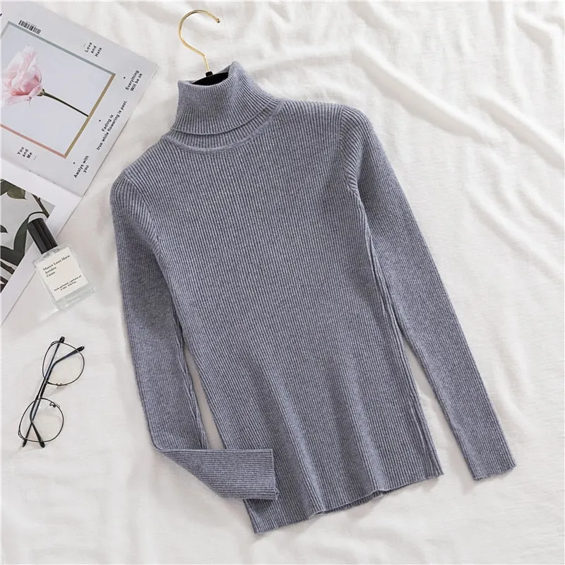 H.SA 2021 Women Turtleneck Sweater Basic Casual Solid Knit Jumper Korean Sweater Slim Pull Femme Top Elasticity Winter Pullovers