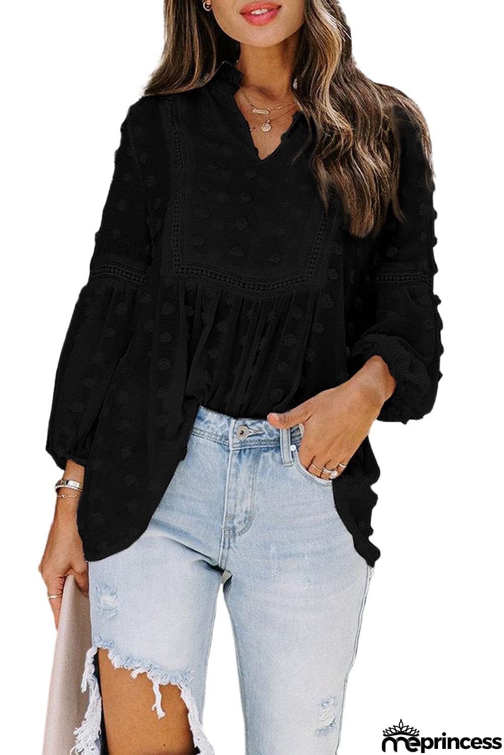 Ruffled Split Neck Lace Hollow Out Puff Sleeve Polka Dot Blouse