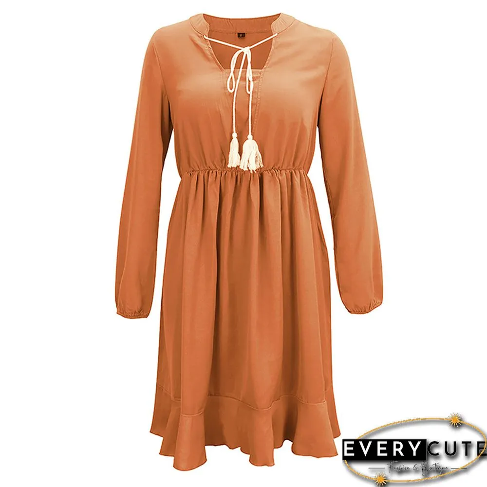 Orange Lace Up Long Sleeve Casual Dress