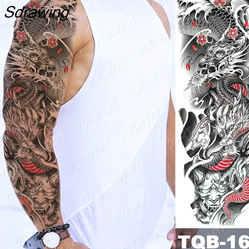 Sdrawing Arm Sleeve Tattoo Tiger Lion Wolf Owl Waterproof Temporary Tatto Sticker Crown Warrior Body Art Full Fake Tatoo Men Women