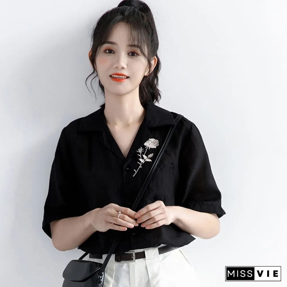 Vintage Blossom Embroidery  Pocket Polo T-Shirt